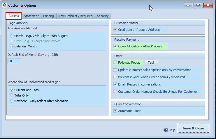 Customer Options - General Tab