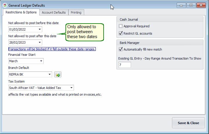 General Ledger Defaults