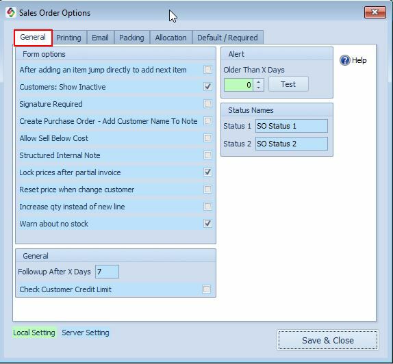 Sales Order Options - General Tab