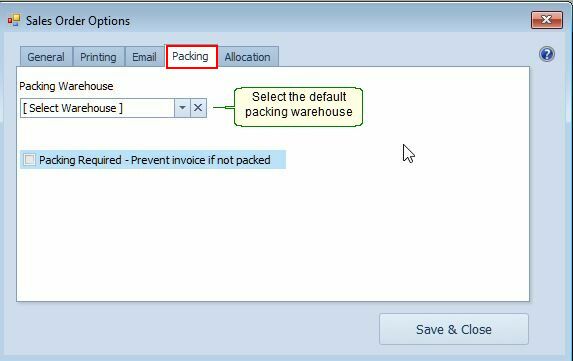 Sales Order Options - Packing Tab