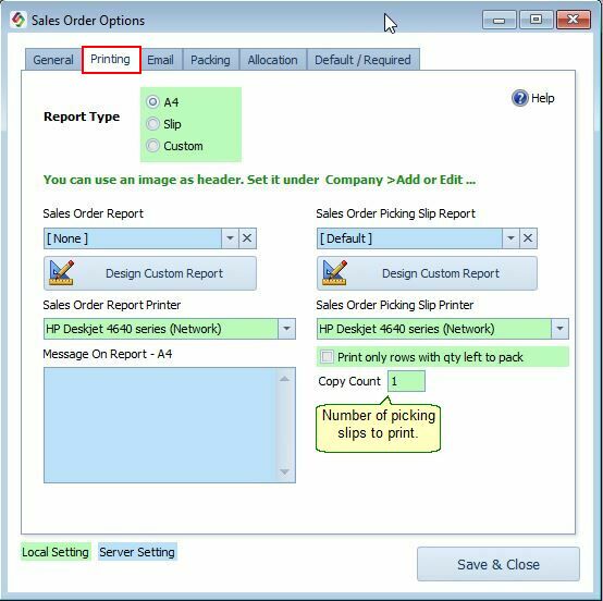 Sales Order Options - Print Tab