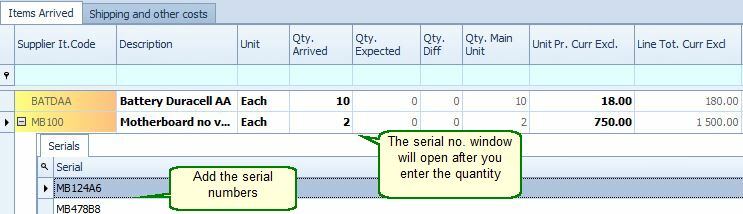 Goods Receiving Serial Numbers