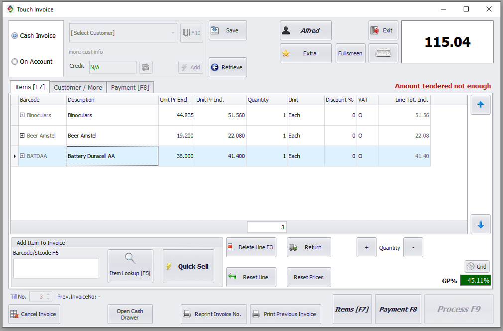 Screenshot of Touch Screen Invoice Point Of Sale Layout